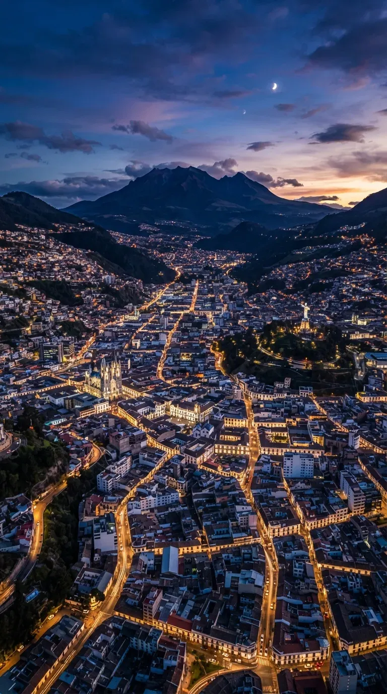 Vista aérea nocturna del centro de Quito con las luces de la ciudad y montañas al fondo