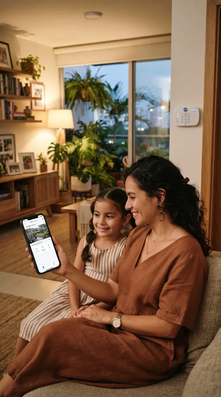 Madre e hija revisando las cámaras de su casa desde el celular