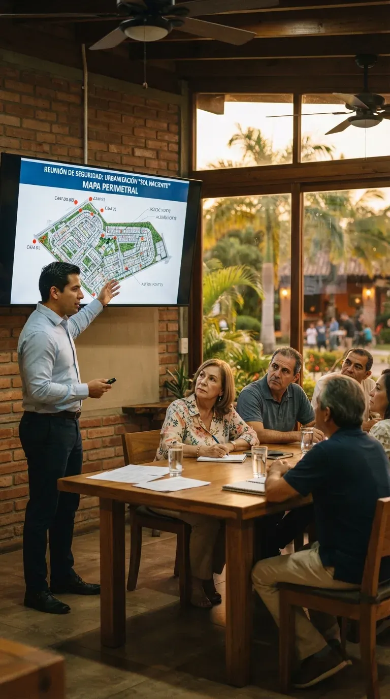 Asesor presentando a una directiva vecinal el plano de seguridad de su urbanización