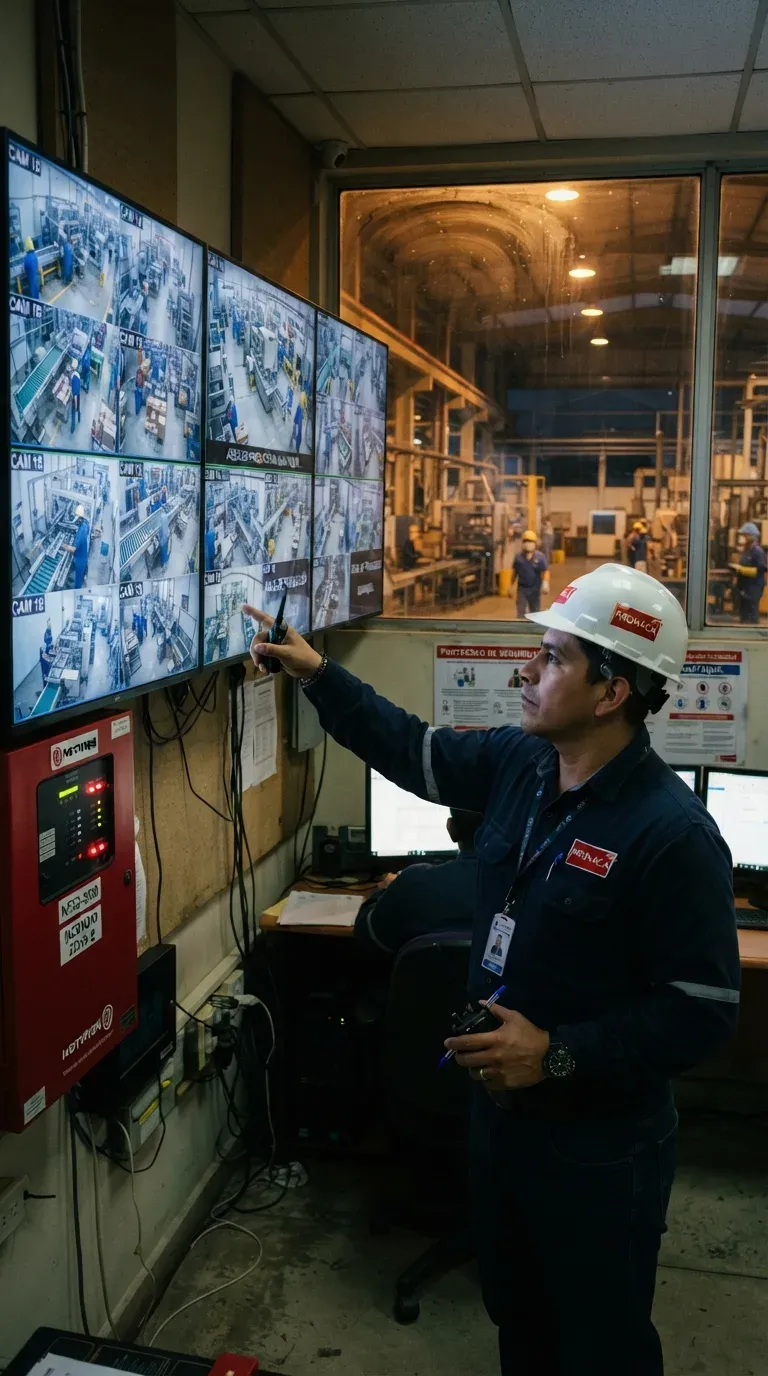 Supervisor con casco frente a un muro de monitores de cámaras en la sala de control de una planta