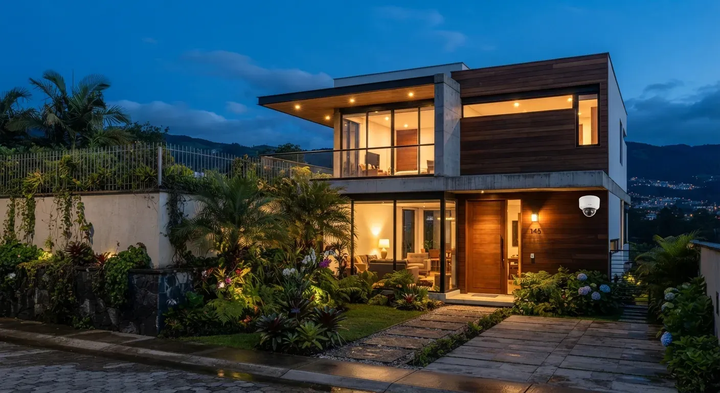 Casa moderna al atardecer con iluminación exterior y sistema de seguridad electrónica
