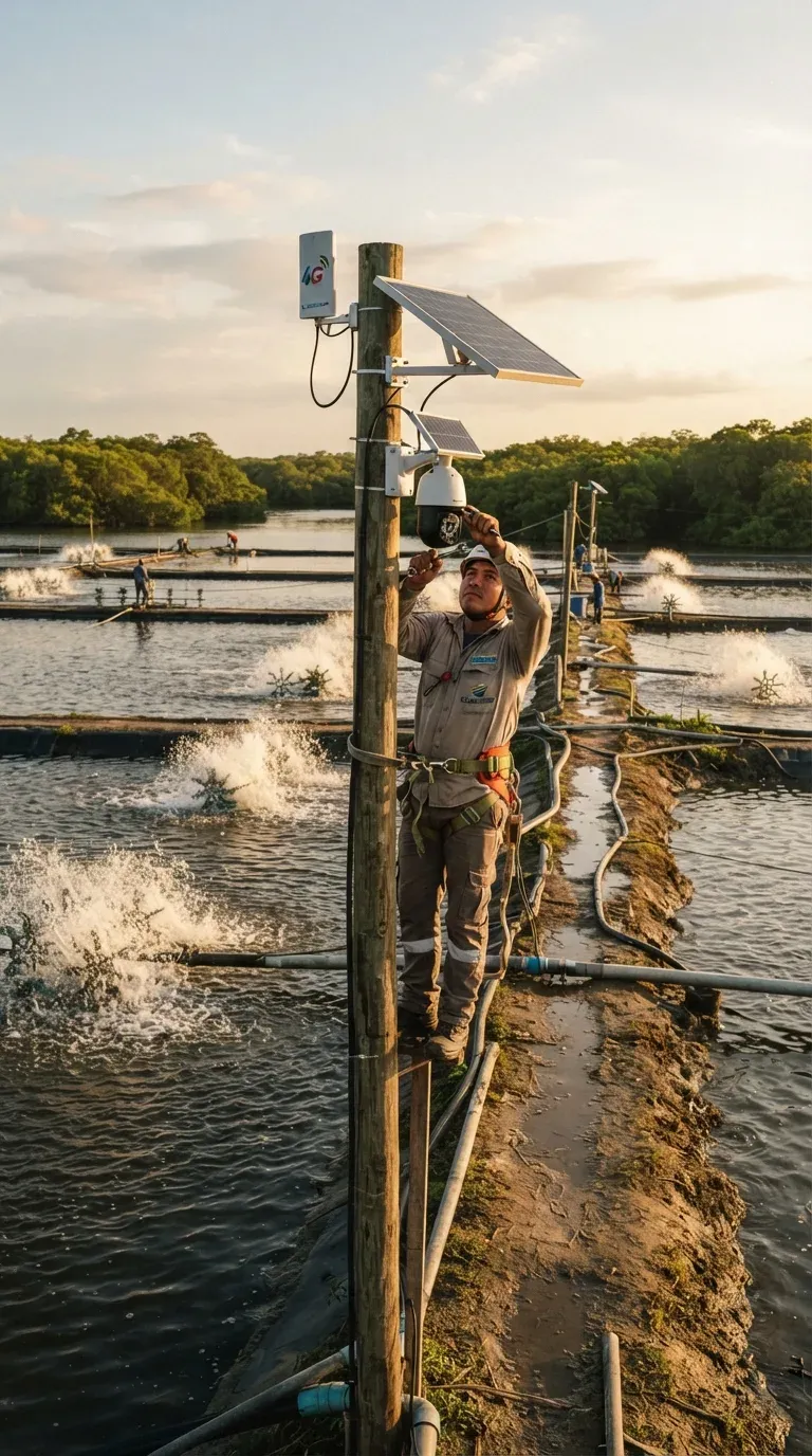 Técnico instalando una cámara 4G con panel solar en un poste junto a las piscinas de una camaronera