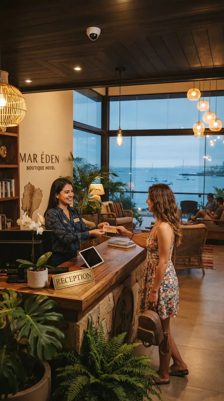 Recepcionista entregando la tarjeta de la habitación a una huésped en el mostrador de un hotel frente al mar