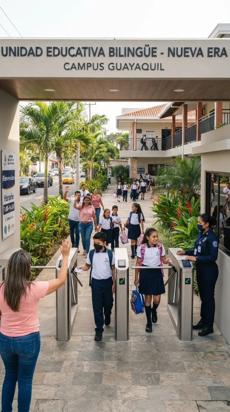 Estudiantes uniformados entrando a un colegio por un acceso controlado
