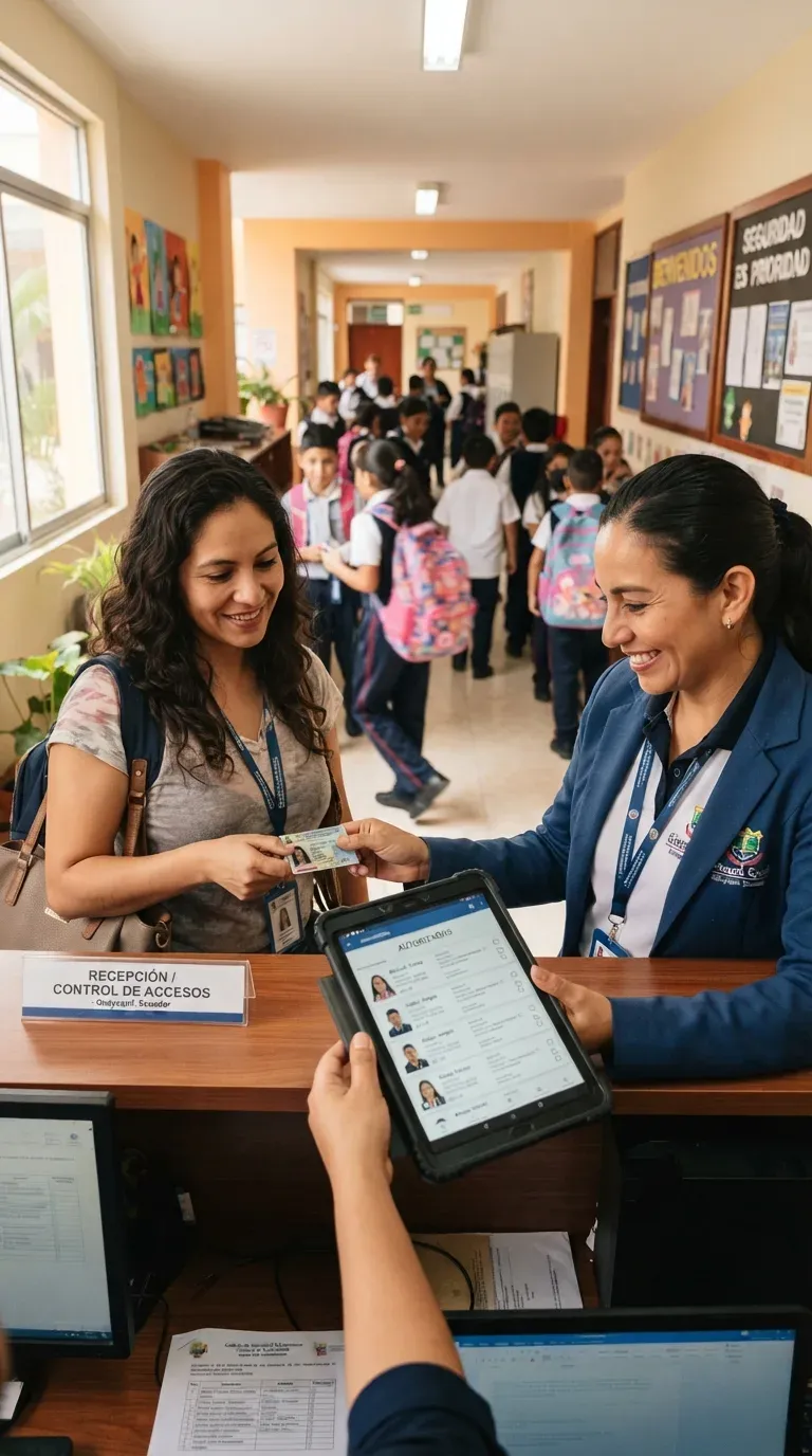 Guardia de un colegio verificando la identidad de un representante antes de entregar a un estudiante