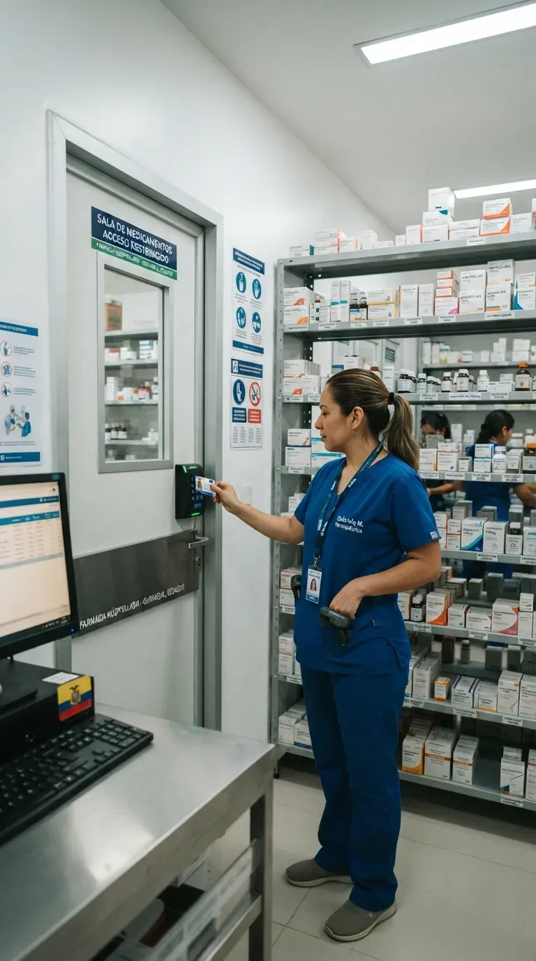 Médica abriendo una puerta de área crítica con credencial en un lector de acceso