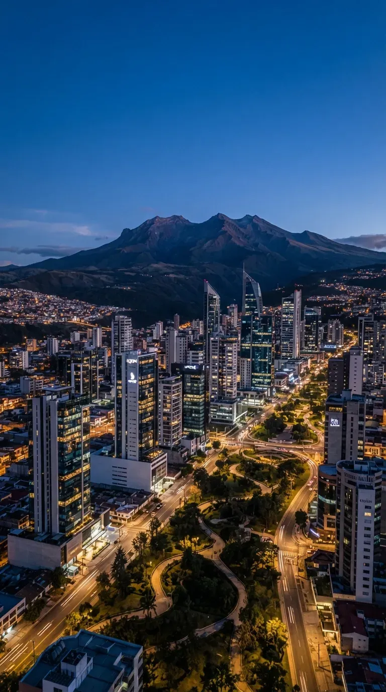 Vista aérea nocturna de Quito con edificios iluminados y el volcán al fondo