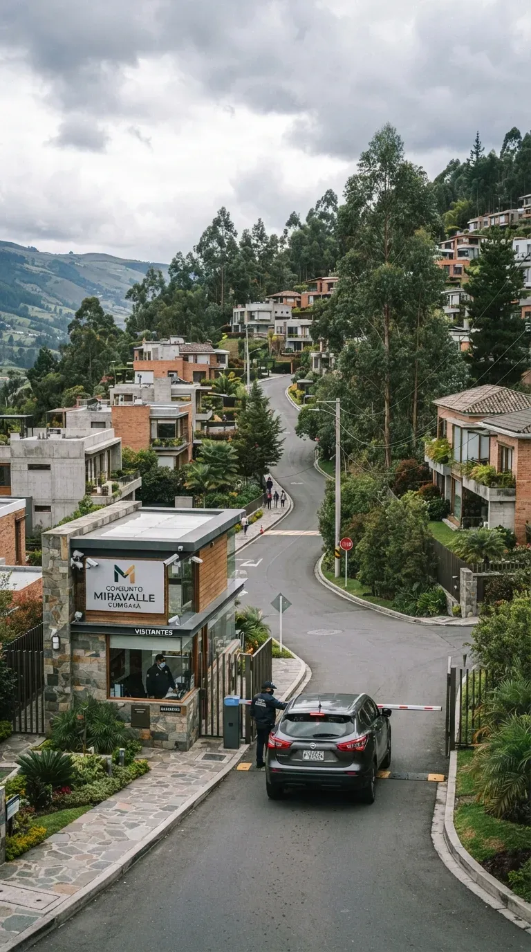 Conjunto residencial en una ladera de Quito con garita de ingreso y barrera vehicular
