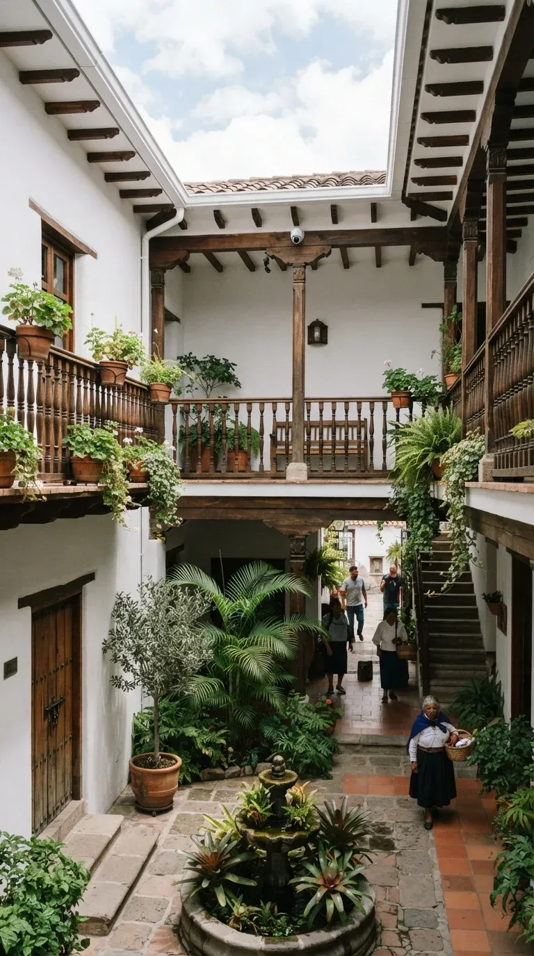 Patio de una casa patrimonial de Cuenca con balcones de madera, plantas y una cámara discreta bajo el alero