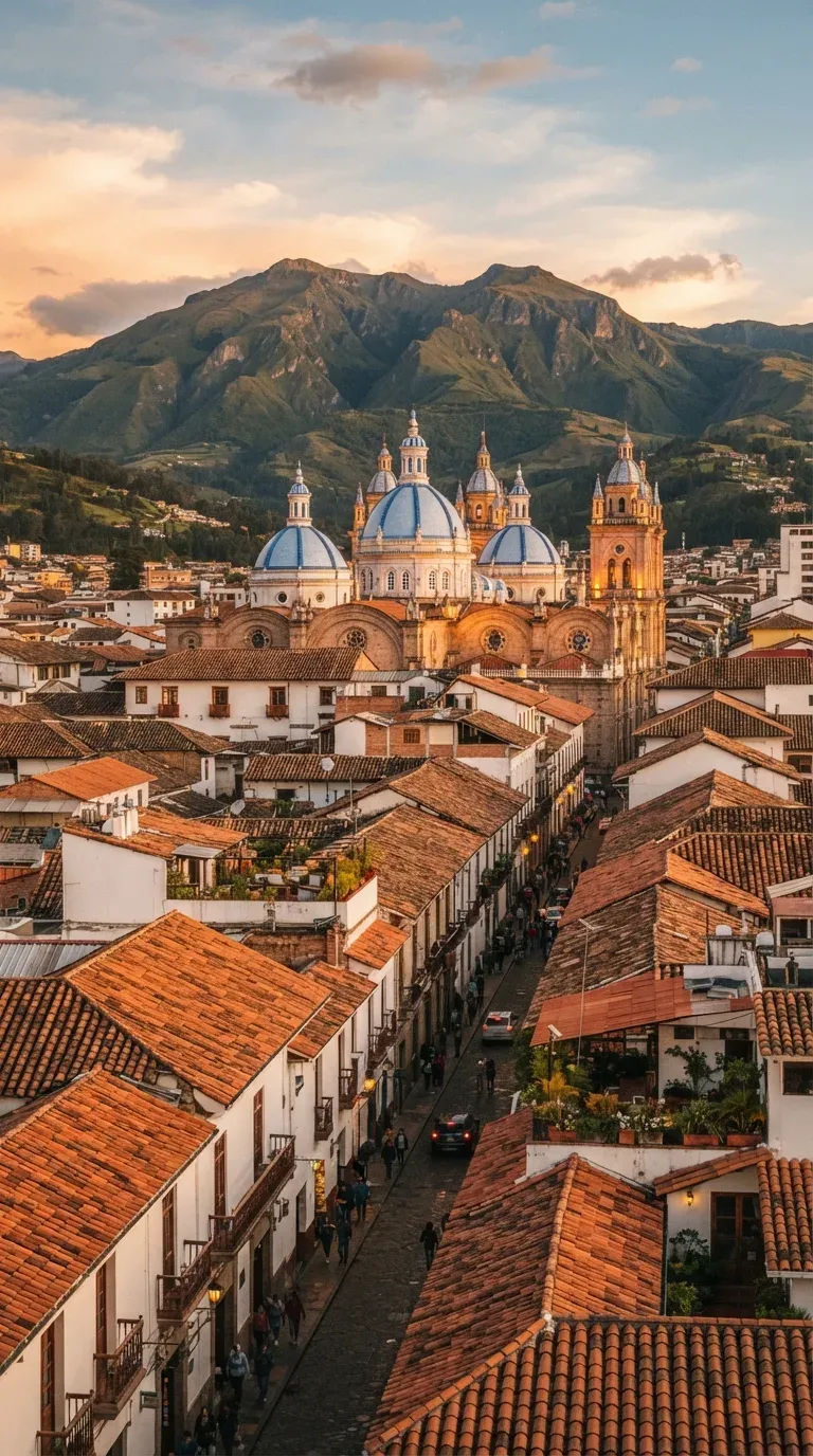 Vista del Centro Histórico de Cuenca con las cúpulas de la catedral y los tejados al atardecer