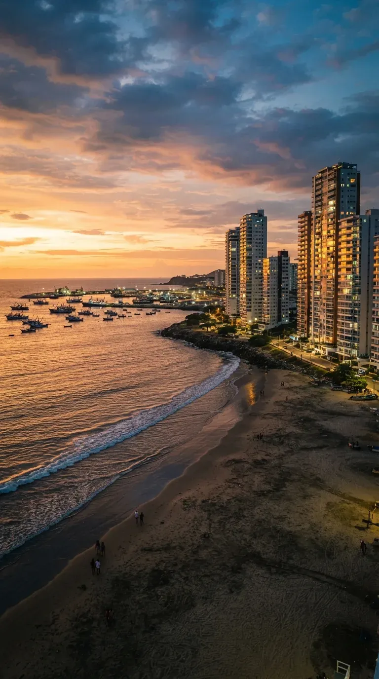 Atardecer sobre la playa de Manta con barcos en la bahía y edificios frente al mar