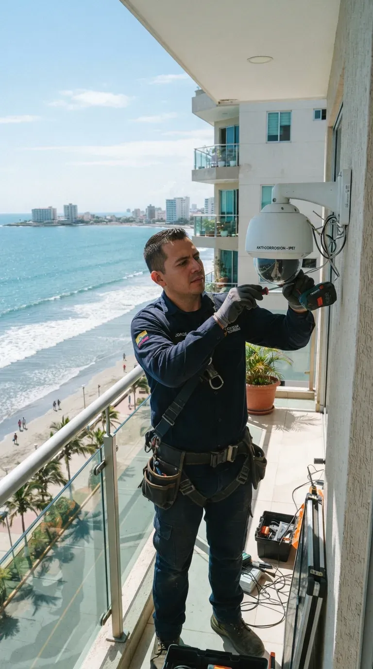 Técnico de Alertia instalando una cámara domo anticorrosión en el balcón de un edificio frente al mar