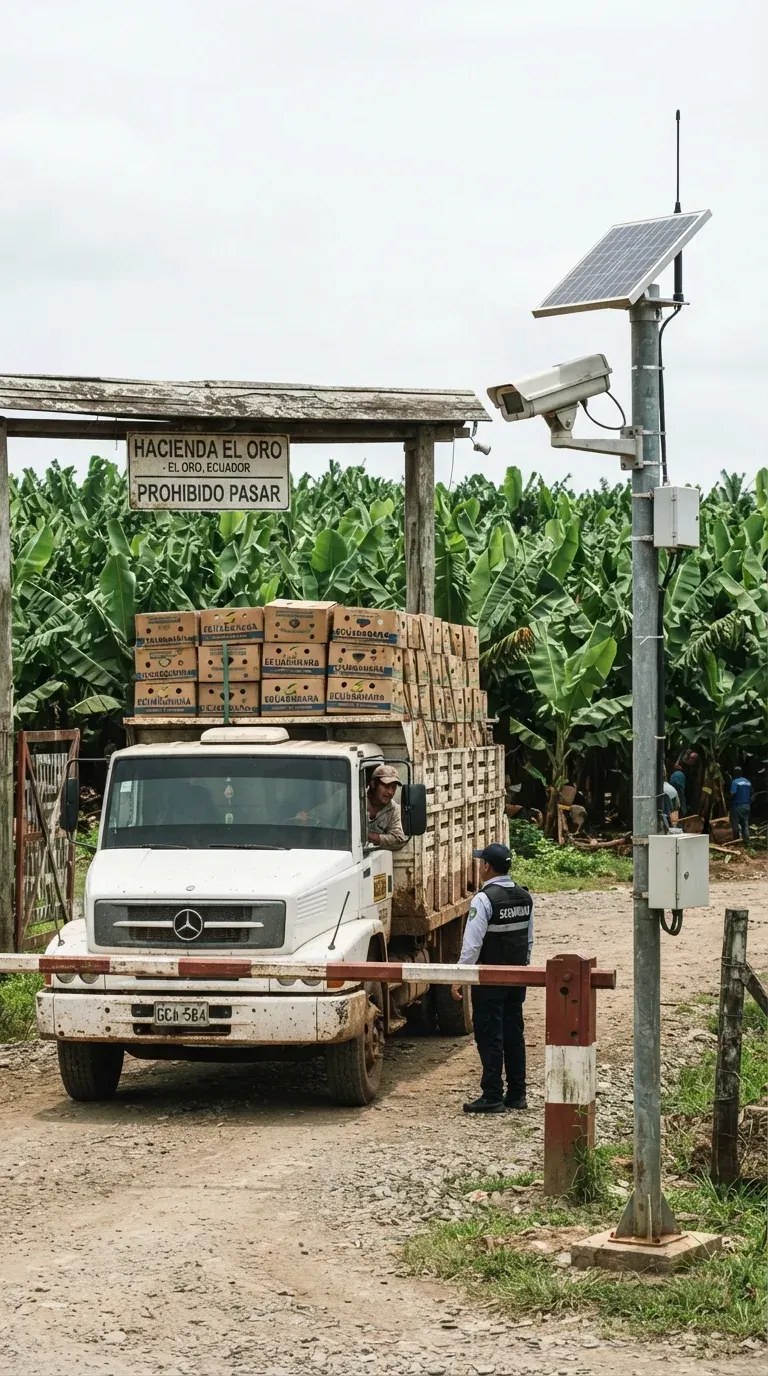 Camión bananero en la garita de una finca con una cámara sobre un poste con panel solar