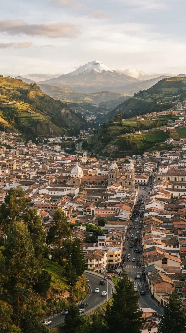 Vista de Ambato con sus calles, cúpulas y un volcán nevado al fondo