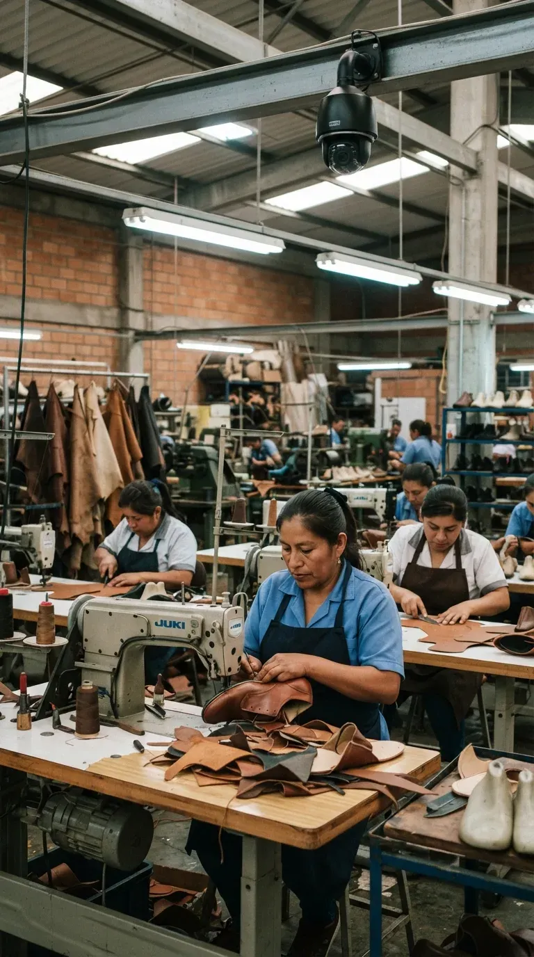 Taller de calzado en Ambato con operarias cosiendo cuero y una cámara domo colgada de la estructura