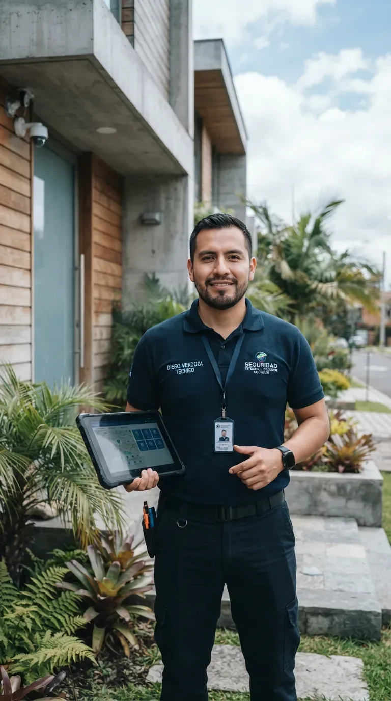 Técnico uniformado sostiene una tableta frente a una casa con una cámara de seguridad instalada